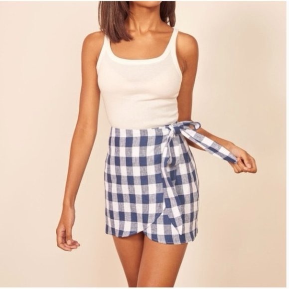 Reformation Dresses & Skirts - Reformation The Sax Plaid 100% Linen Wrap Mini Skirt Size XS belt
